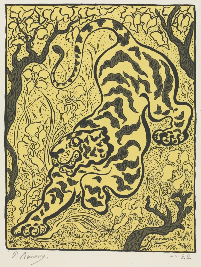 Paul Elie Ranson, Tiger in the Jungle, 1893, color lithograph. Cleveland Museum of Art. Flat areas of color printed from separate stones, with no dot screen anywhere in the design.