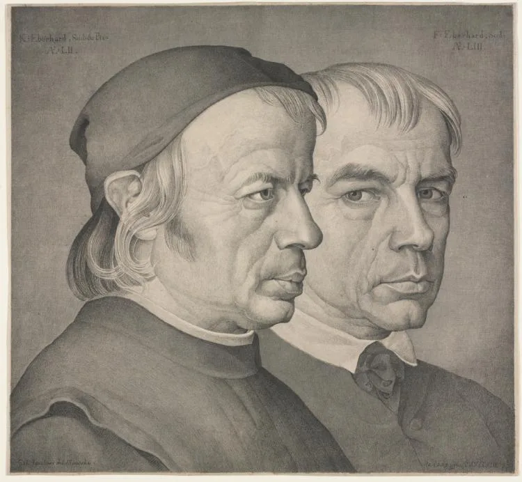 Johann Anton Ramboux, The Brothers Eberhard, 1822, lithograph printed in black and gray. Cleveland Museum of Art. Printed portraits circulated widely, which is why documentation of the specific sheet matters more than the image does.