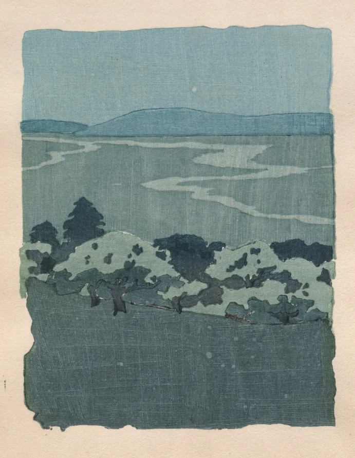 Arthur Wesley Dow, Dragon and Orchard, around 1908, color woodcut. Cleveland Museum of Art. Woodcut leaves a different edge from lithography, and the difference is worth learning by eye.