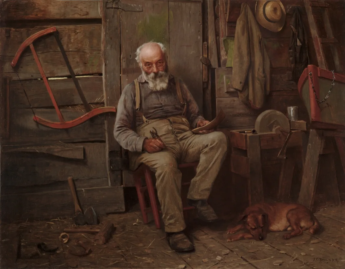 John George Brown, A Builder of Boats, around 1904, oil on canvas. Cleveland Museum of Art. Rebate marks and old nail holes on a stretcher tell you whether the frame has been changed.