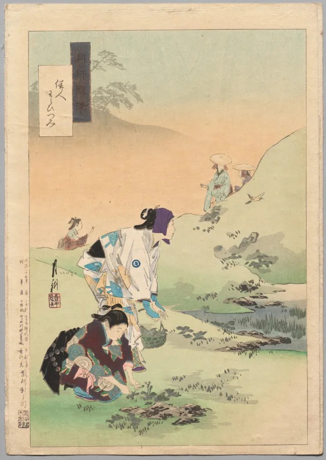 Ogata Gekko, Beauties Harvesting Bracken, from the series Gekko's Miscellaney, around 1886 to 1899, woodblock print, ink and color on paper. Cleveland Museum of Art. Prints of this kind fed the European decorative vocabulary of the period.
