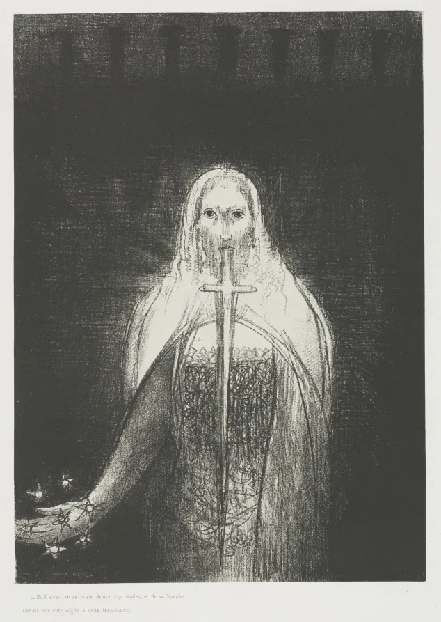 Odilon Redon, And He Had in His Right Hand Seven Stars; and Out of His Mouth Went a Sharp Two-Edged Sword, 1899, lithograph on China paper laid on wove paper. Cleveland Museum of Art. The thin sheet laid onto a heavier support is a printing method of the period, not a repair.