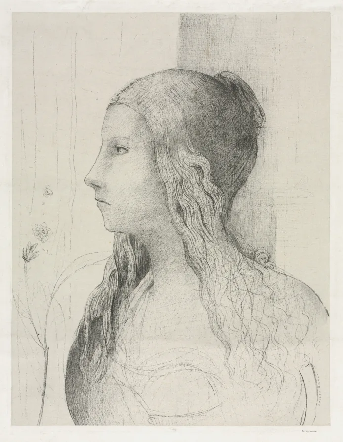 Odilon Redon, Brunnhilde in Twilight of the Gods, 1894, lithograph. Cleveland Museum of Art. Acid free mounting and ultraviolet filtering glazing are the standard defenses for a sheet like this one.