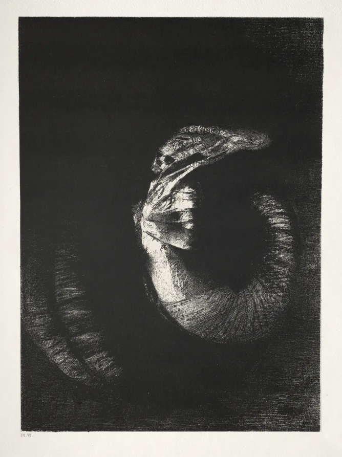 Odilon Redon, It Is a Skull Wreathed with Roses. It Dominates a Woman's Torso of Pearly Whiteness, 1888, lithograph. Cleveland Museum of Art. Matching a sheet to an entry means checking the image, the paper and the state together.