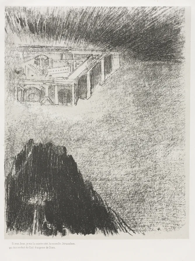 Odilon Redon, And I, John, Saw the Holy City, New Jerusalem, Coming Down from God and out of Heaven, 1899, lithograph. Cleveland Museum of Art. Sheets from one portfolio often reach the market separately.