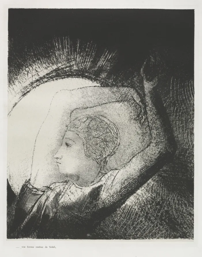 Odilon Redon, A Woman Clothed with the Sun, 1899, lithograph. Cleveland Museum of Art. Lithographs on thin paper show light damage first as a warm tone along the exposed edges.