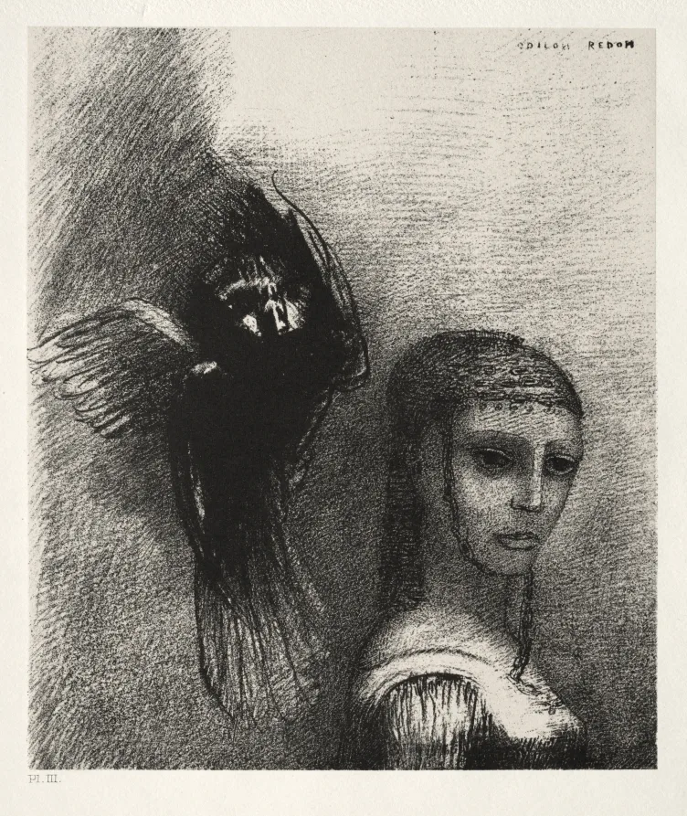 Odilon Redon, And a Large Bird, Descending from the Sky, Hurls Itself against the Topmost Point of Her Hair, 1888, lithograph. Cleveland Museum of Art. Plate titles this long are the reason collectors quote catalogue numbers instead.