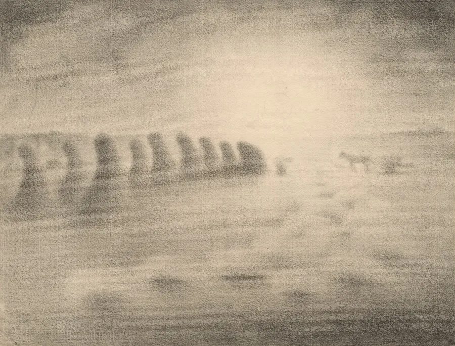 Charles Angrand, End of the Harvest, around 1892 to 1905, charcoal on cream laid paper. Cleveland Museum of Art. Laid paper shows its chain lines the moment you hold the sheet against a light.