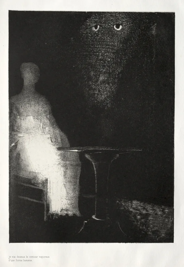 Odilon Redon, Below, I Saw the Vaporous Contours of a Human Form, 1896, lithograph on China paper laid on wove paper. Cleveland Museum of Art. Sheets from a single series are catalogued as numbered plates within it.
