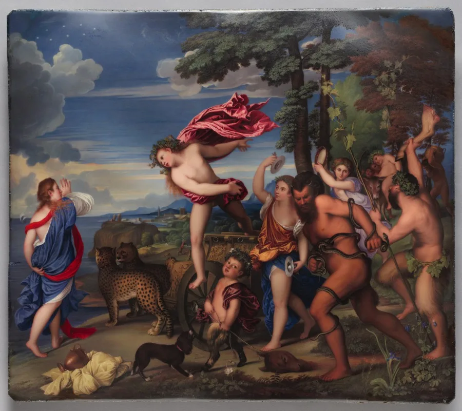 Henry Bone, Bacchus and Ariadne, 1808 to 1811, enamel in its original carved and gilded frame. Cleveland Museum of Art. Small format work has always carried real quality at modest scale.