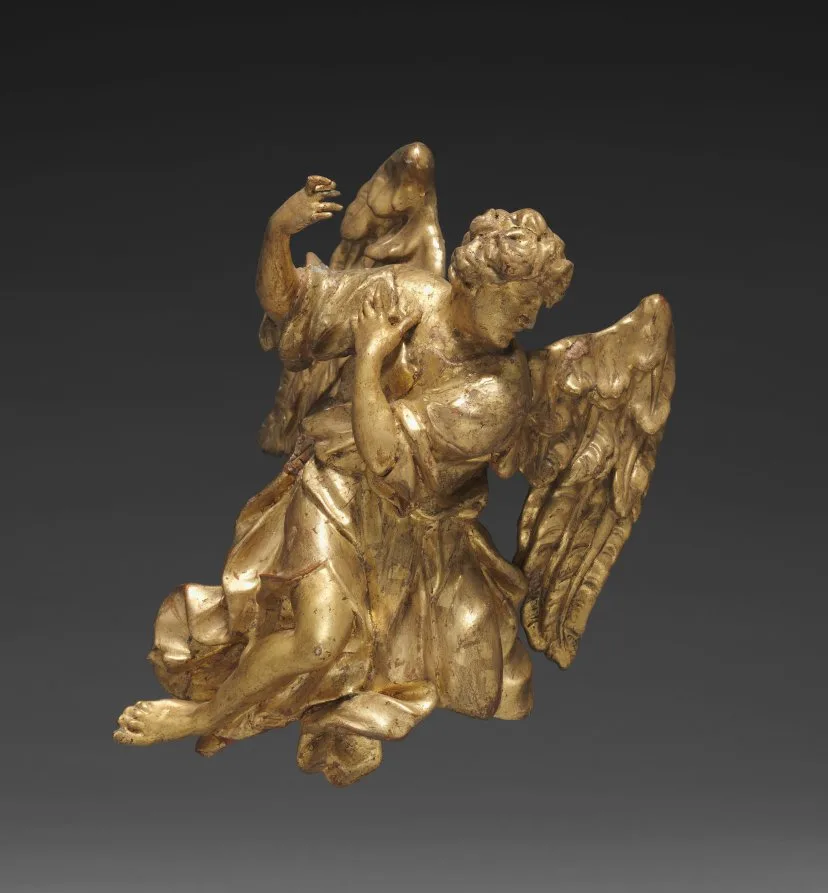 Joseph Matthias Goetz, Altarpiece with Relics, detail of an angel at lower left, around 1735 to 1740, gilded wood. Cleveland Museum of Art. Fine detail of this kind rarely survives a badly packed journey.