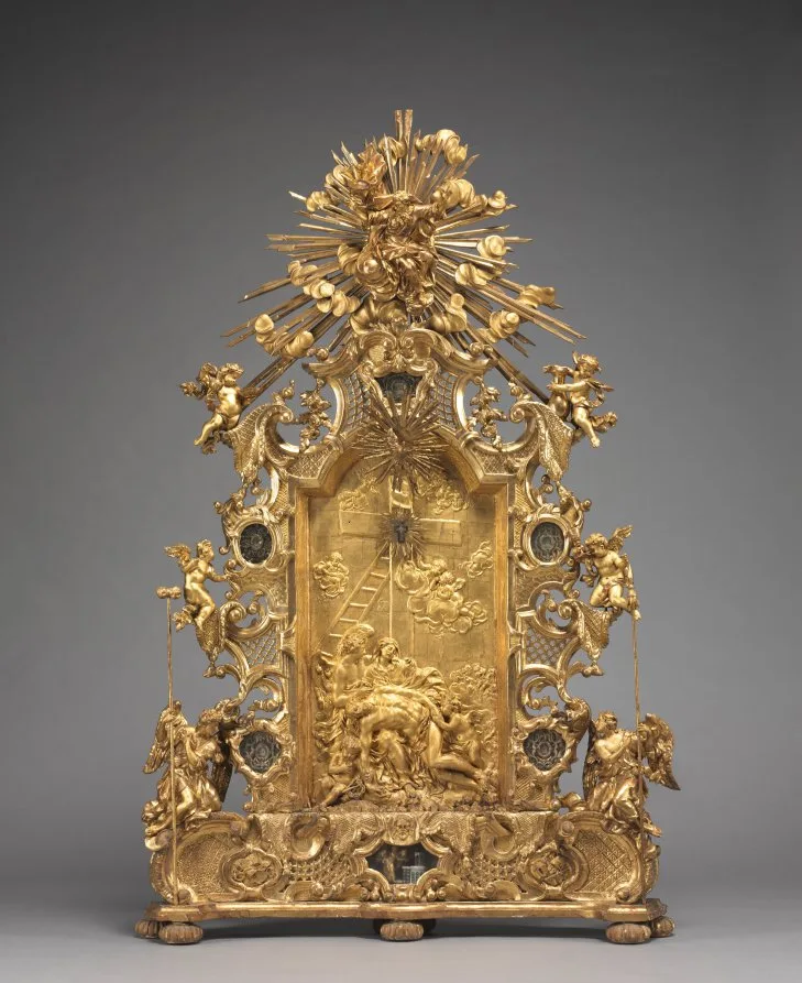 Joseph Matthias Goetz, Altarpiece with Relics, around 1735 to 1740, gilded wood with relics in niches. Cleveland Museum of Art. Objects kept with their documents have always been worth more than objects without them.